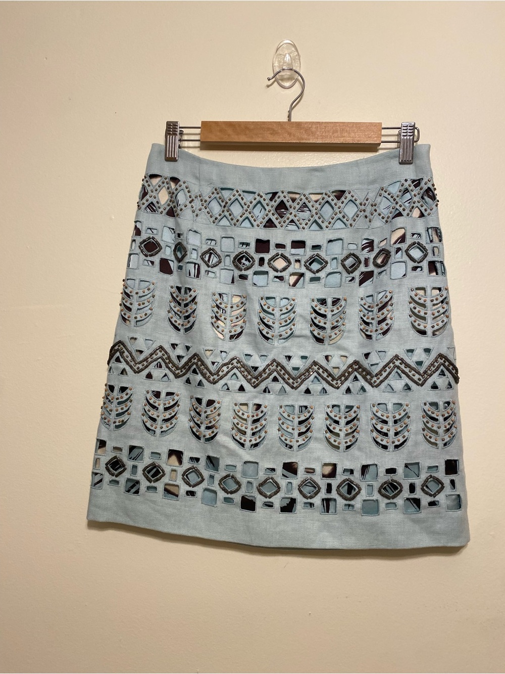 PER SE SILK LINEN Light Blue Embroidered Cutout A-Line Skirt. Size 4